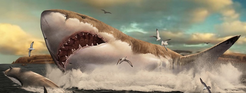 Ilustrație cu un rechin megalodon uriaș cu gura deschisă, plină de dinți, la suprafața mării