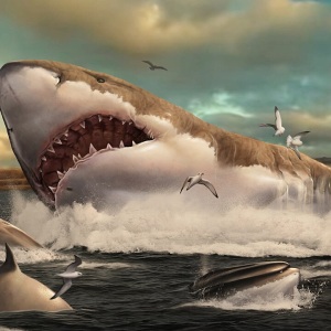 Ilustrație cu un rechin megalodon uriaș cu gura deschisă, plină de dinți, la suprafața mării