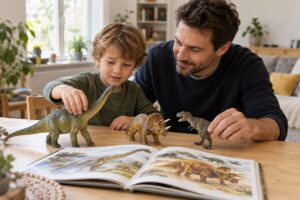 Tată și copil la masă, jucându-se cu figurine de dinozauri lângă o carte deschisă