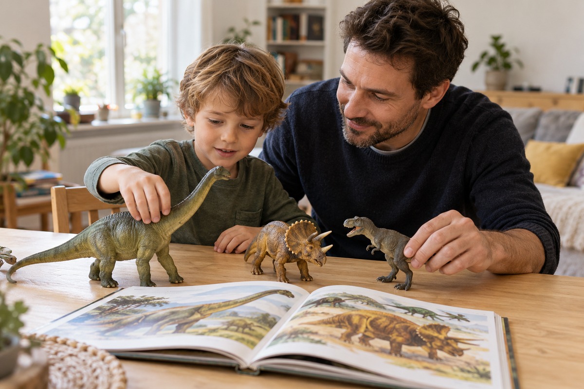 Tată și copil la masă, jucându-se cu figurine de dinozauri lângă o carte deschisă
