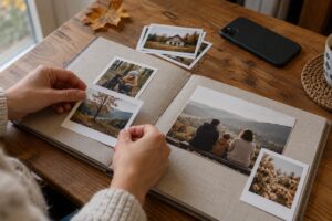 Mâini care așază fotografii de familie și peisaje într-un album deschis, pe o masă de lemn
