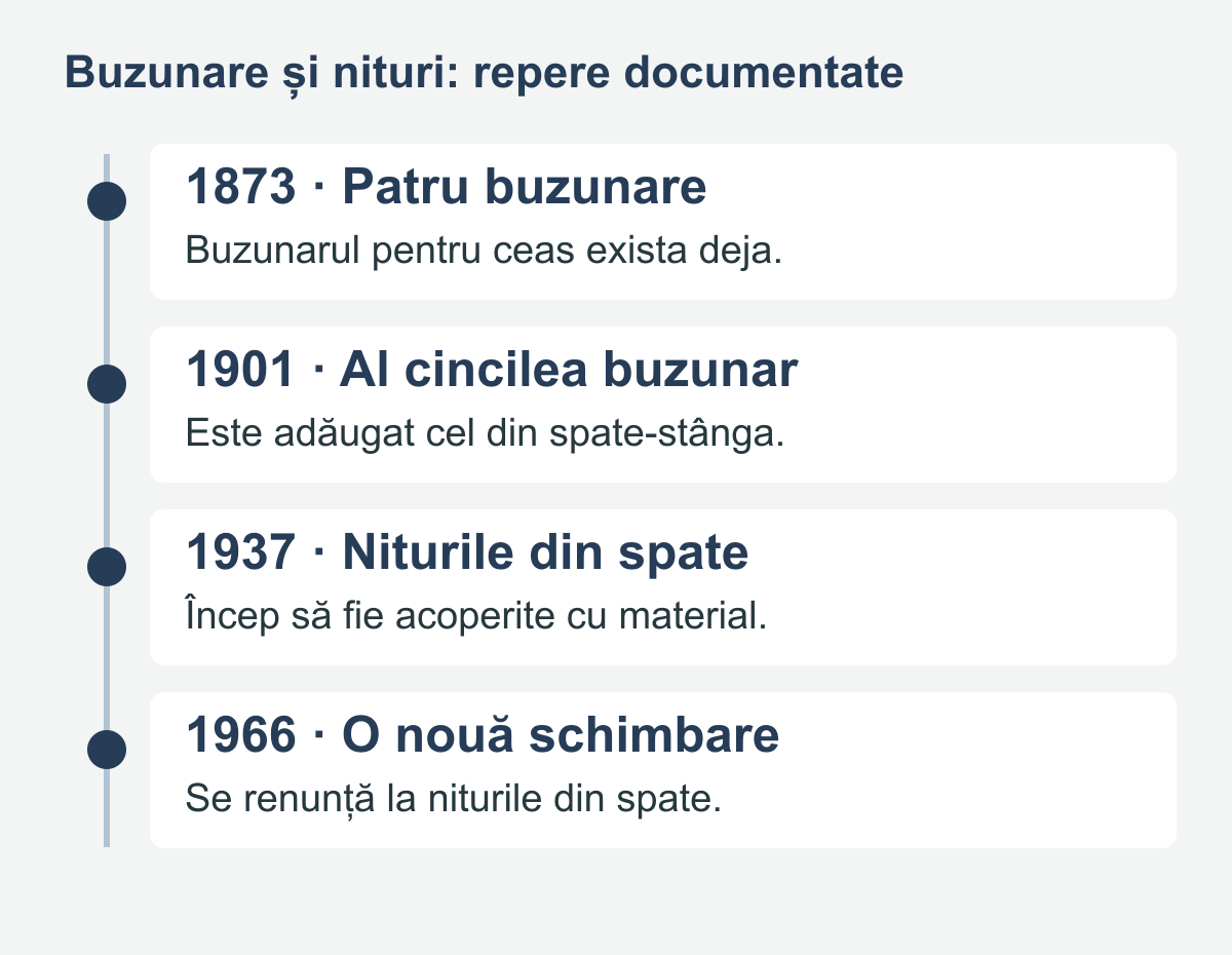 Cronologie a buzunarelor Levi’s în 1873 și 1901 și a schimbărilor niturilor în 1937 și 1966
