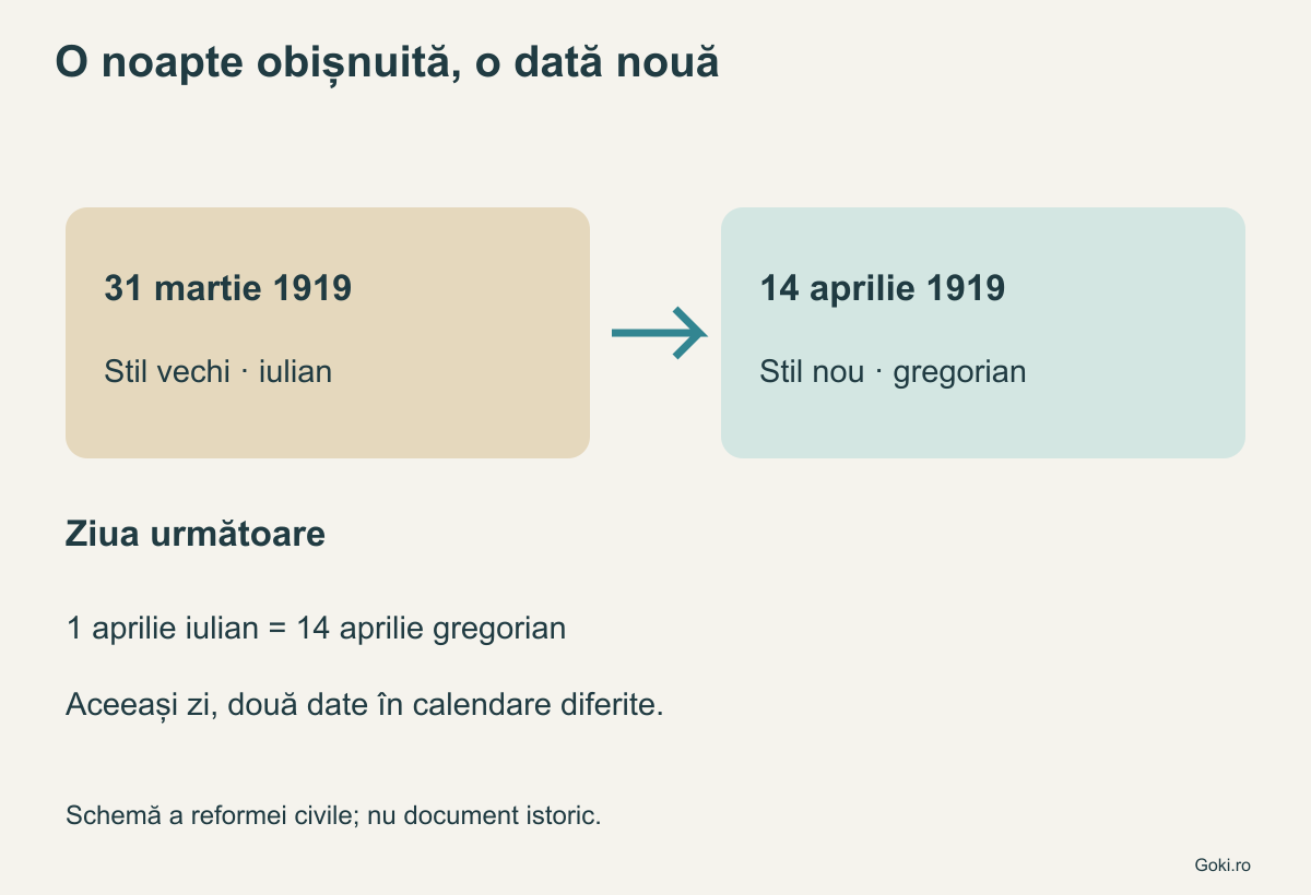 31 martie pe stil vechi urmat de 14 aprilie pe stil nou în reforma civilă din 1919