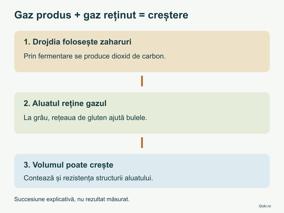 Trei etape conceptuale: drojdia produce gaz, structura îl reține, aluatul poate crește