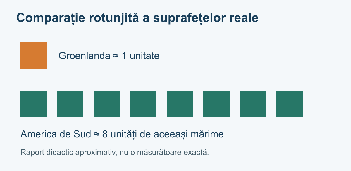 Un pătrat pentru Groenlanda și opt pătrate egale pentru America de Sud, comparație aproximativă