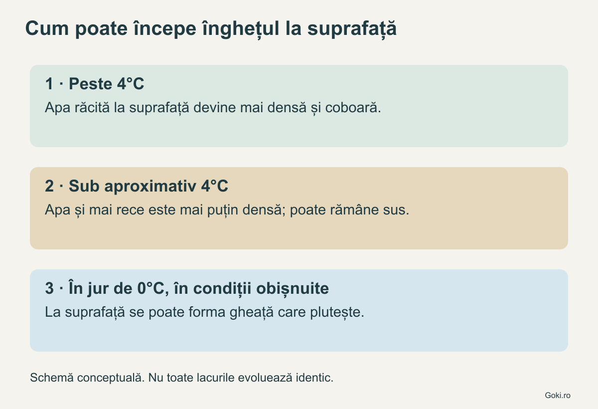 Răcirea apei dulci în trei etape: coborârea apei mai dense, strat rece sus și gheață plutitoare
