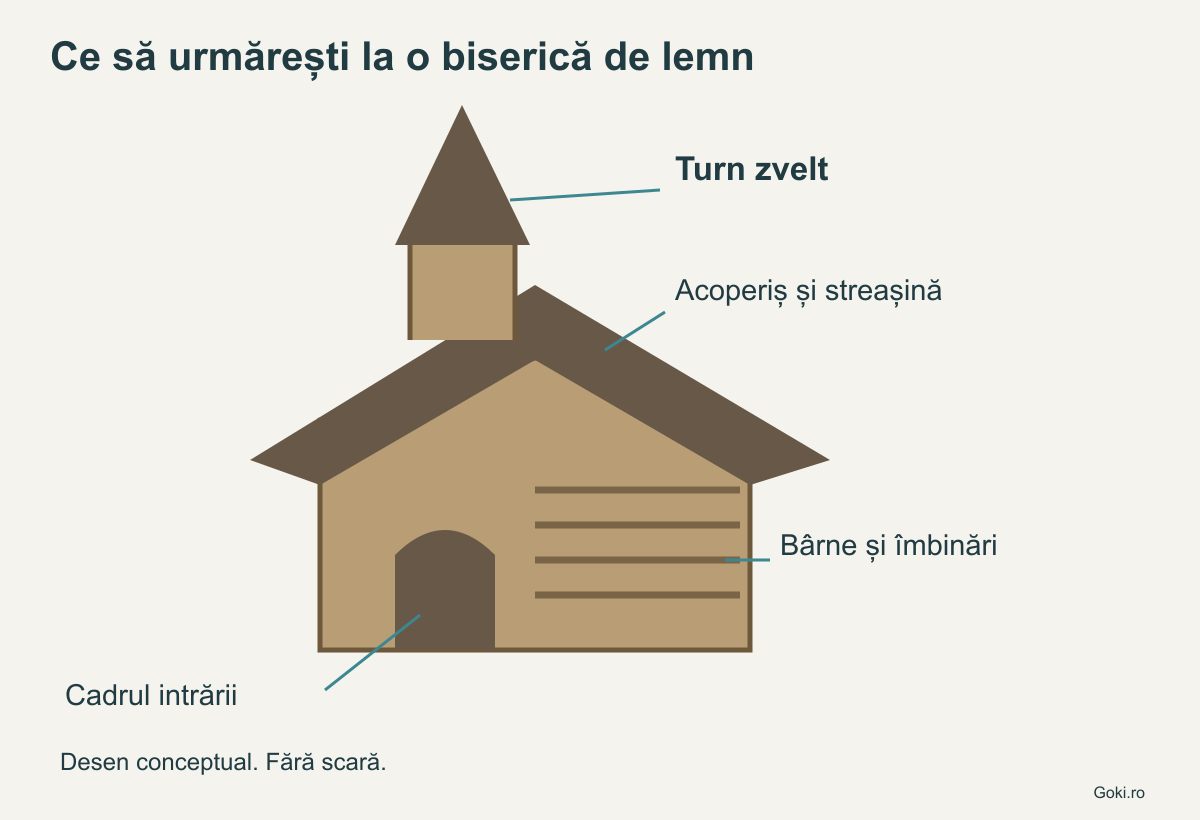 Schemă conceptuală: turn, streașină, îmbinări și intrare la o biserică de lemn