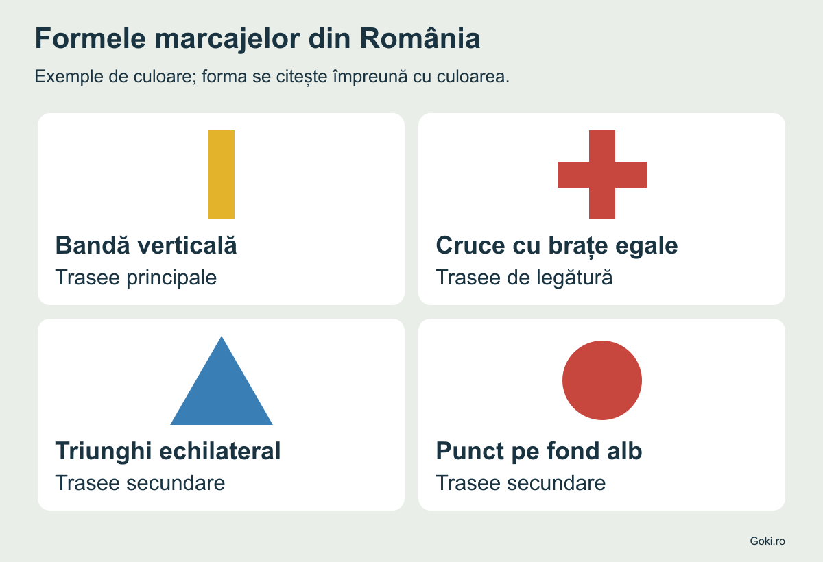 Patru exemple pe fond alb: bandă galbenă, cruce roșie, triunghi albastru și punct roșu