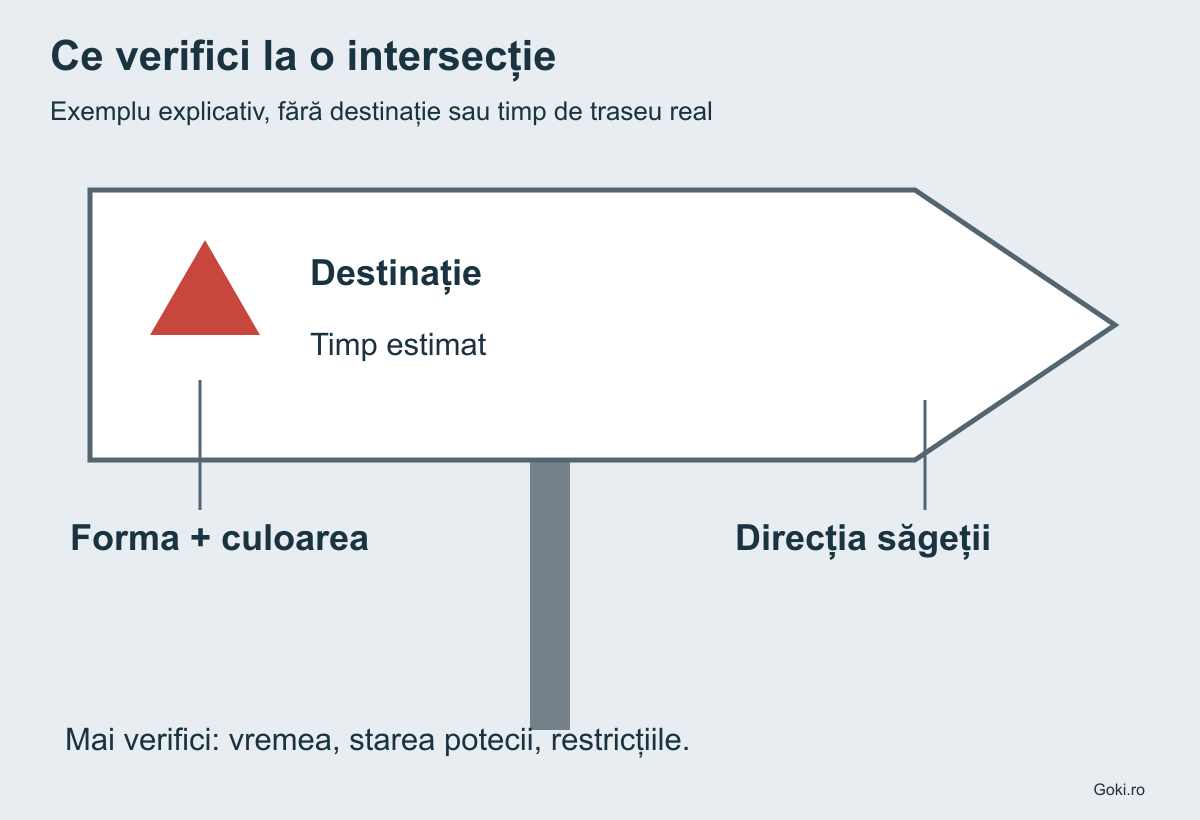 Indicator schematic cu destinație, direcție, marcaj și timp estimat, completat de informații despre condițiile actuale