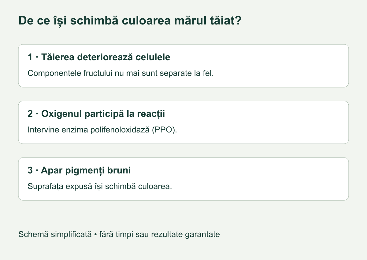 Schema brunificării unui măr: tăierea deteriorează celulele, oxigenul participă la reacții enzimatice, apar pigmenți bruni