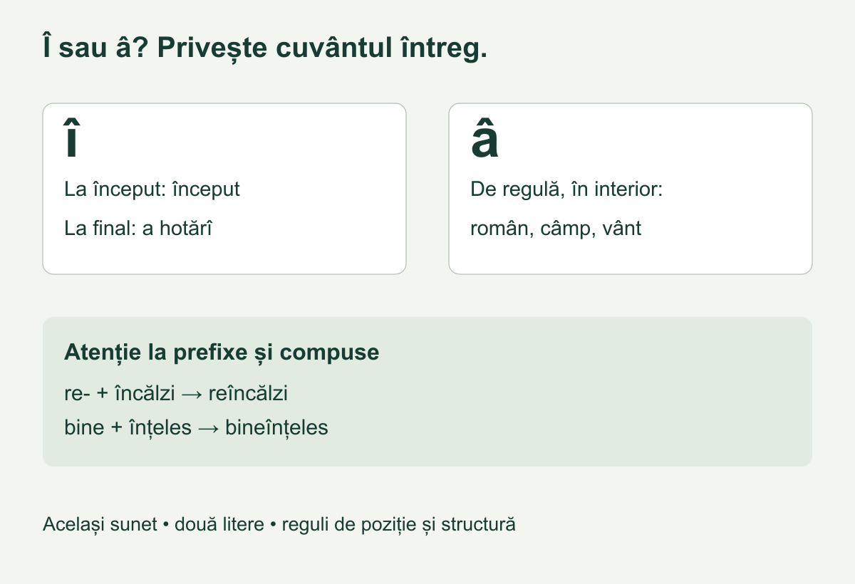 Repere de ortografie: î la început și la finalul unor infinitive, â de regulă în interior, î păstrat după prefixe