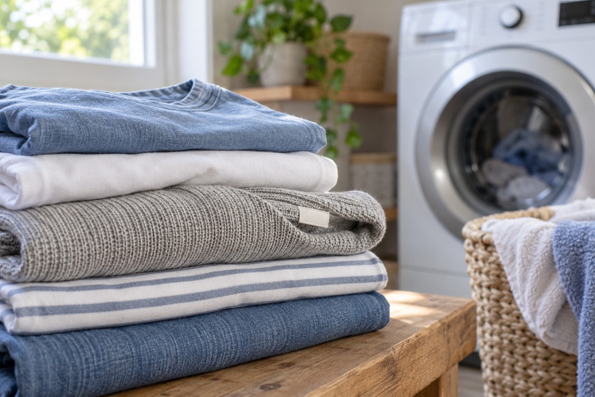 Haine împăturite lângă o mașină de spălat, cu o etichetă textilă vizibilă