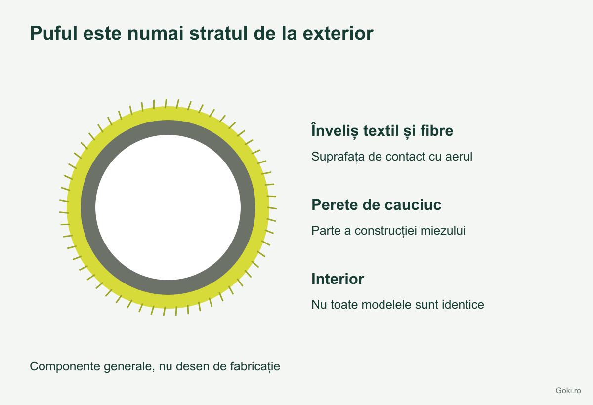 Secțiune conceptuală printr-o minge: înveliș textil cu fibre, perete de cauciuc și interior