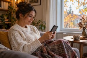 O femeie citește pe un e-reader lângă fereastră, într-un living în lumină de toamnă