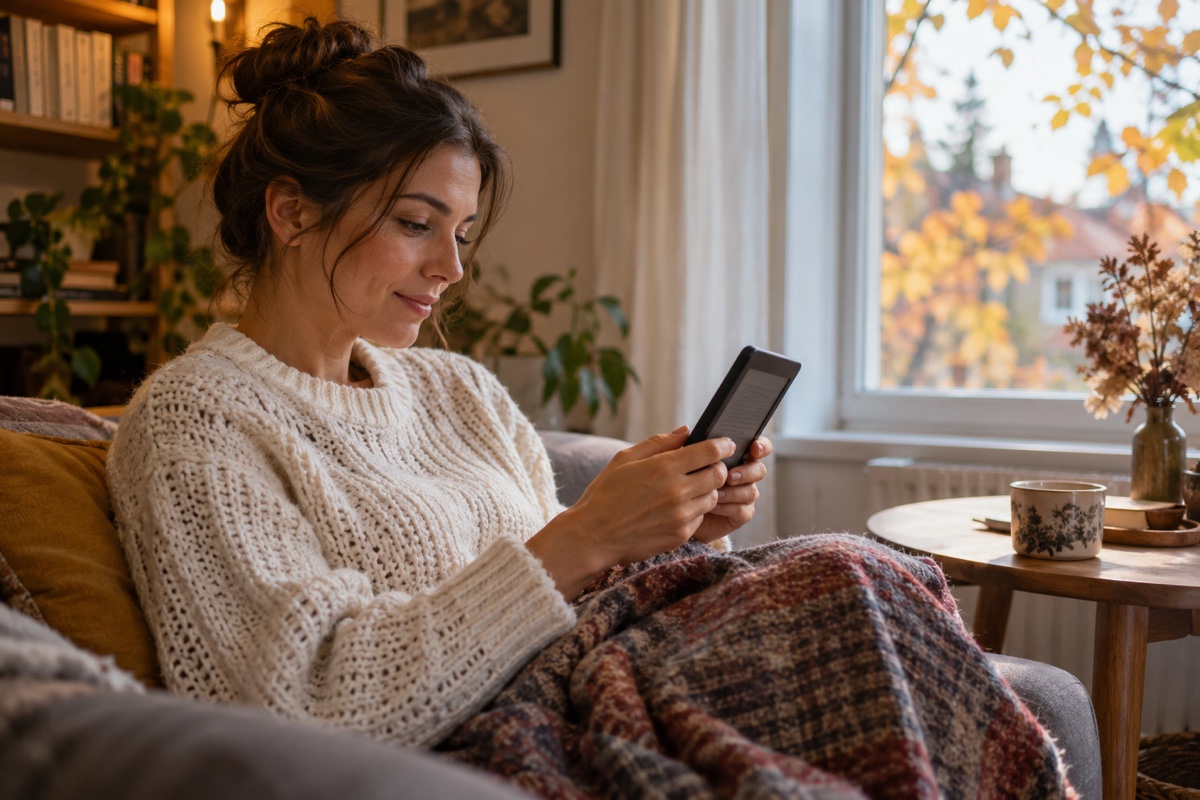 O femeie citește pe un e-reader lângă fereastră, într-un living în lumină de toamnă