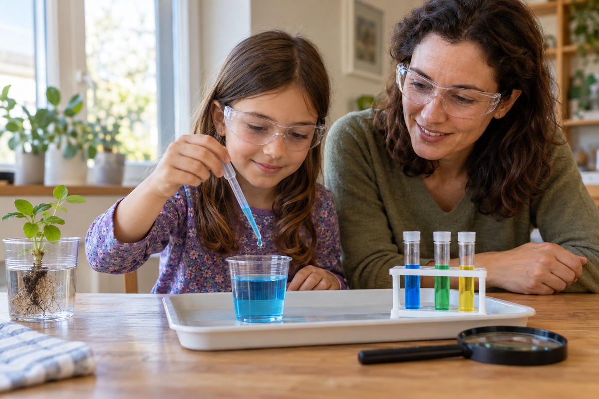 Copil cu ochelari de protecție și un adult făcând o activitate cu apă colorată la masa de acasă