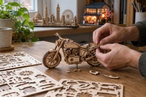 Mâini asamblând un puzzle mecanic din lemn, la o masă cu piese și miniaturi.
