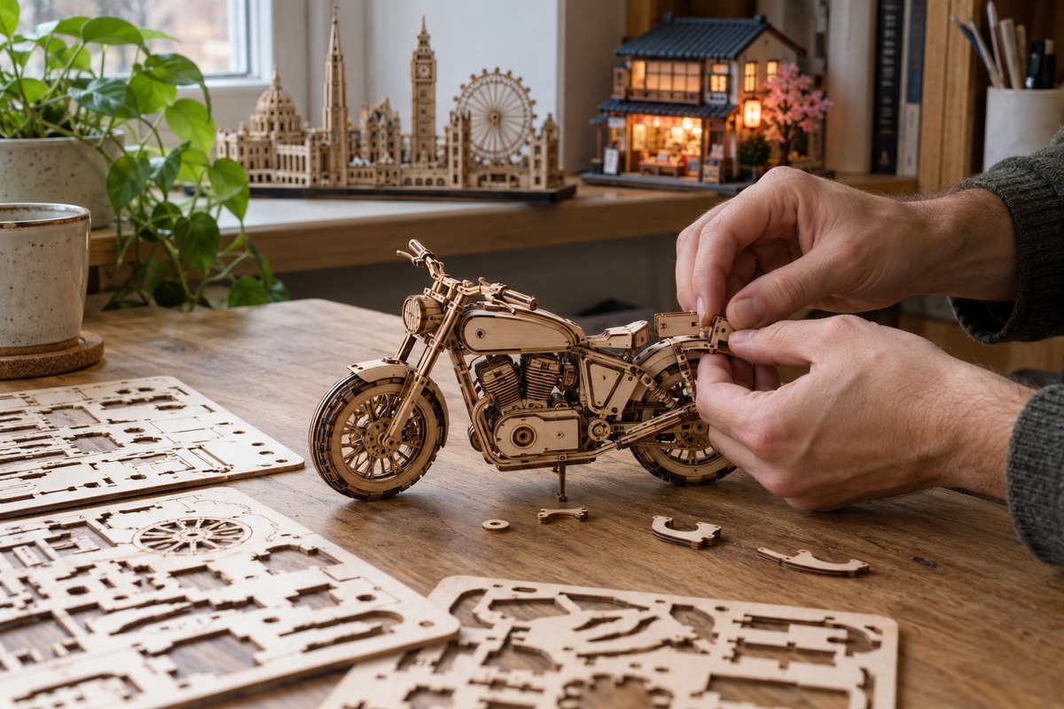 Mâini asamblând un puzzle mecanic din lemn, la o masă cu piese și miniaturi.