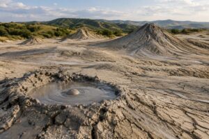 Ilustrație AI cu un crater de noroi și conuri joase inspirate de Vulcanii Noroioși din Buzău