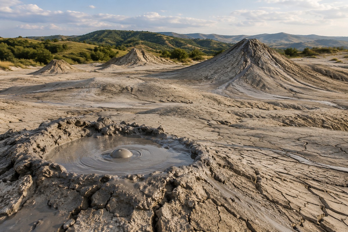 Ilustrație AI cu un crater de noroi și conuri joase inspirate de Vulcanii Noroioși din Buzău